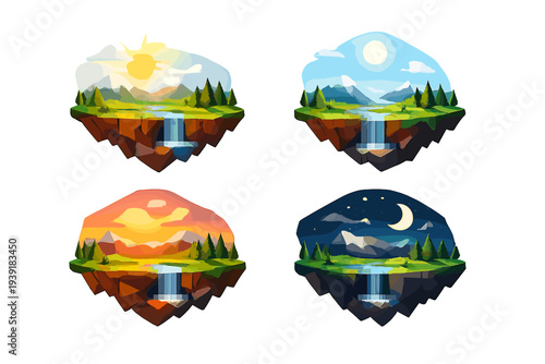Four scenes of nature showing different times of day with mountains