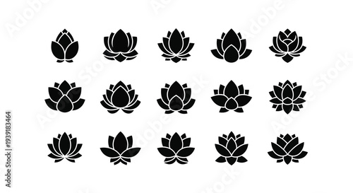 Collection of black lotus flower designs in a minimalist silhouette