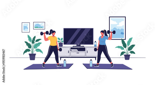 Two young women exercising at home in their living room using dumbbells to stay fit and active during their leisure time or quarantine.