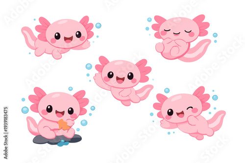 Cute pink axolotls in various playful poses with bubbles around them
