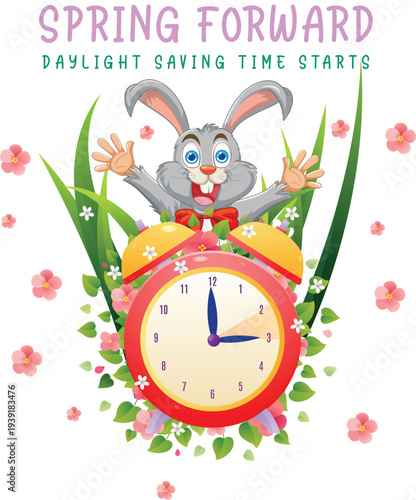 Spring forward floral clipart with easter bunny vector design isolated on background. Daylight saving time vector clipart.