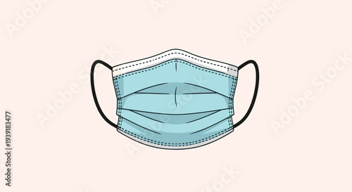 Close up illustration of a blue surgical medical face mask with black ear loops for health protection and hygiene in public spaces.
