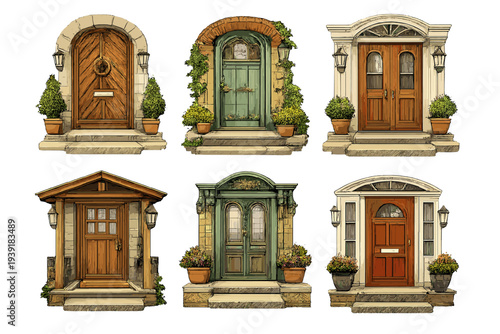 Different styles of doors in various colors and designs arranged side