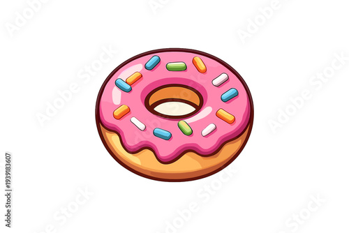 Pink donut with sprinkles on a plain background in a simple cartoon