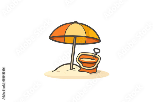 Beach scene with a bright umbrella and a drink in the sand during a