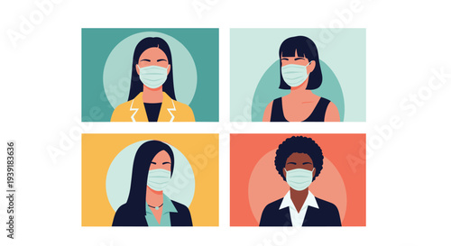 Diverse group of four people wearing medical face masks presented in colorful rectangular frames to emphasize global health and safety measures.