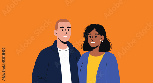 Smiling diverse couple of different ethnicities standing together against a bright orange background to symbolize a happy relationship and unity.