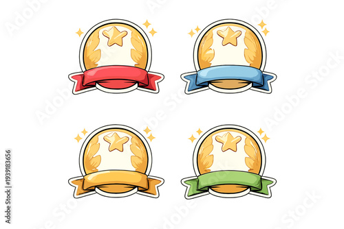 Various award badges with colored ribbons for recognition in different