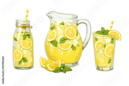 Refreshing lemonade with lemons and mint displayed in a pitcher and