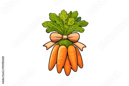 Carrots with green tops tied with a ribbon displayed as a decorative