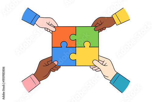 Hands joining together to complete a colorful puzzle during a teamwork