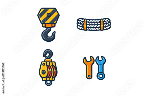 Tools and equipment for lifting and moving heavy objects displayed on