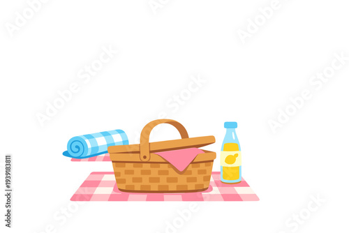 Picnic basket with blanket and drink on a checkered cloth in a sunny