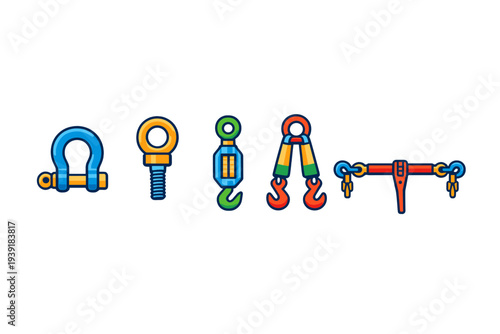 Various types of rigging hardware displayed in a row for construction