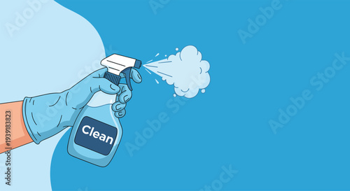 Hand wearing a blue protective glove using a spray bottle labeled Clean to sanitize the air and maintain a healthy and safe environment.