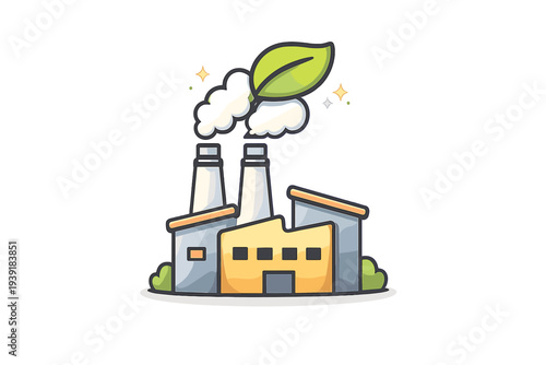 Industry facility with smokestacks and green leaf symbolizing