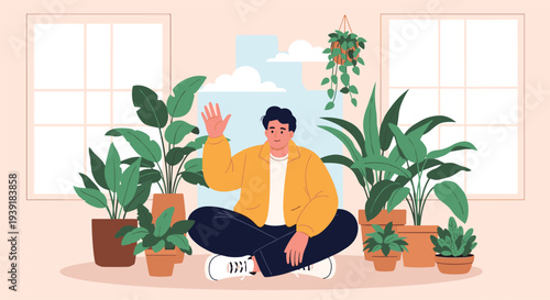 Young man sitting cross-legged on the floor and waving while surrounded by many diverse indoor potted plants in a bright room.