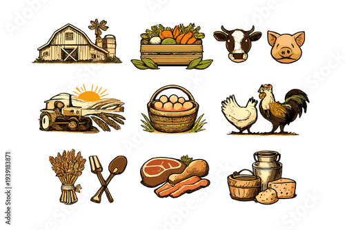 Farm scene with animals crops and tools showing daily activities on a
