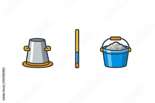Different types of containers used for carrying sand at a beach for