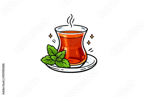 Warm tea served in a glass with green mint leaves on a small plate in