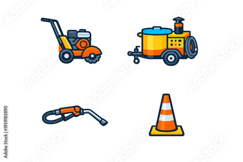 Different types of landscaping and construction tools on a white