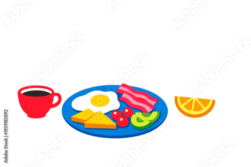 Breakfast with coffee eggs bacon cheese fruits and orange at a dining