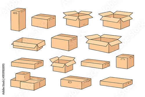 Different types of cardboard boxes in various shapes and sizes on a