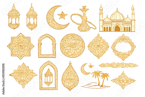 Gold decorations and design elements featuring lanterns moons stars
