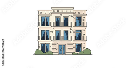 Illustration of a modern three-story apartment building with many balconies, large glass doors, and green bushes at the base on a white background.