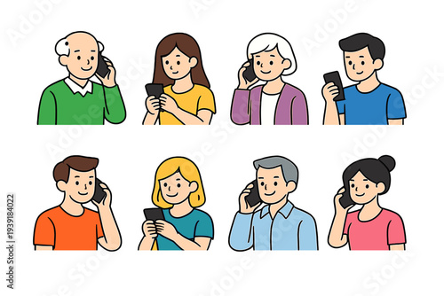 Group of people talking on their phones in various casual settings