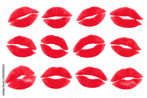 Multiple red lipstick kiss marks arranged in a grid on a white