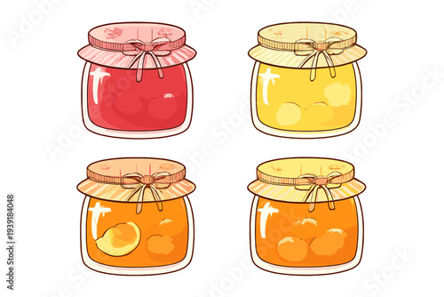 Jars of fruit preserves in various colors and flavors displayed on a