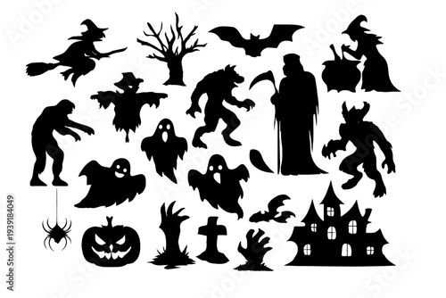 Silhouettes of Halloween figures in various poses and settings for