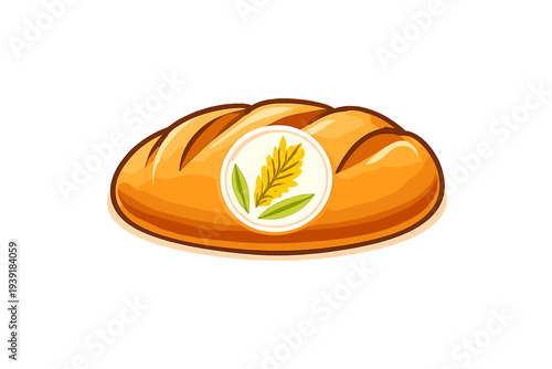 Fresh baked loaf of bread with wheat design in a bakery setting in the