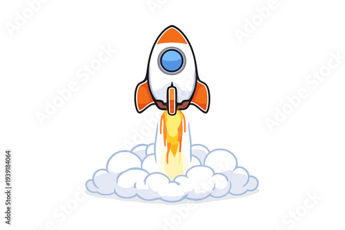 Rocket launches into the sky with bright flames and clouds below