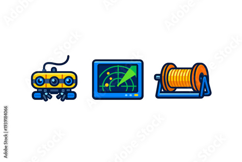 Icons representing technology monitoring and equipment in a simple