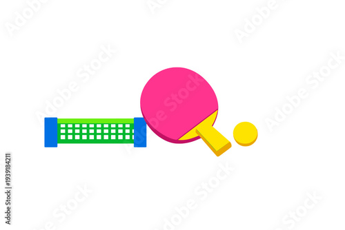 Colorful ping pong setup with bat ball and net on a white background