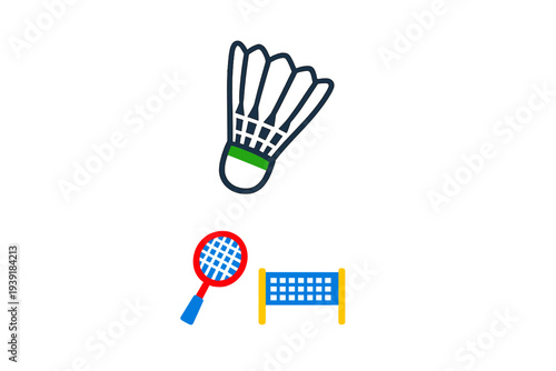Shuttlecock and racket with a net in a game of badminton taking place