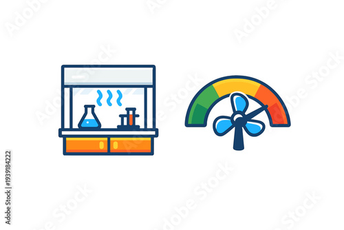 Laboratory setup with glassware and a fan gauge showing activity