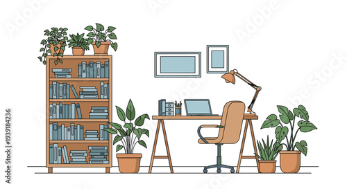 Well-organized home office space featuring a wooden desk with a laptop, lamp, chair, tall bookshelf, and various potted plants for a green workspace.