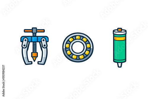 Tools used for mechanical work displayed on a white background at a
