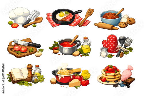 Cooking items in various arrangements showing kitchen tools