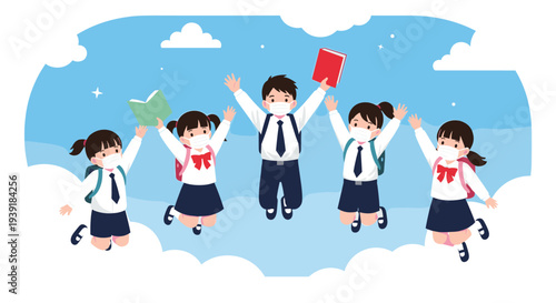 Group of five happy school children in uniforms and medical masks jumping in the sky with books for a back to school and health safety concept.