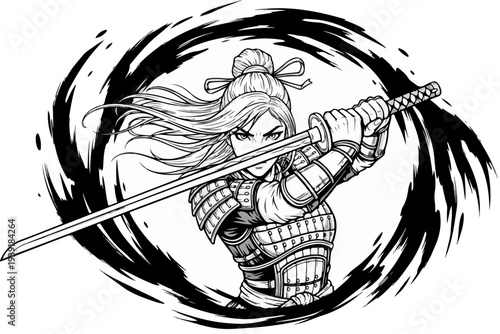 Fierce Asian Female Samurai Warrior with Katana Sword in Dynamic Action Pose, Black and White Vector Illustration for Martial Arts, Gaming, and Fantasy Themes
