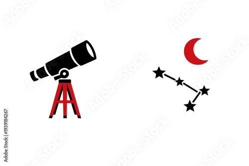 Telescope and moon phases with stars in a night sky showing activities