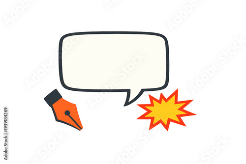 Illustration of a pen and speech bubble with sound effect graphic in a