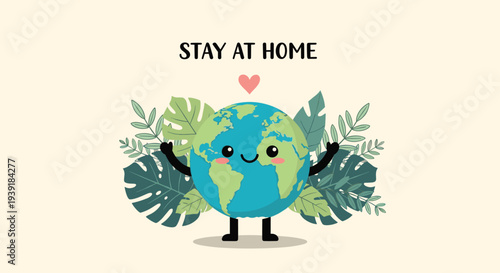 Happy cartoon Earth character with arms raised and tropical leaves behind it, featuring the Stay at Home message for safety and wellness.
