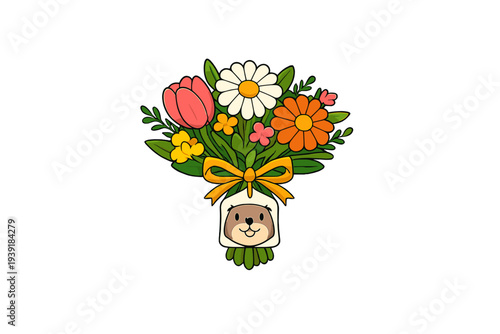 Colorful cartoon flower bouquet with cute animal face and bow on white
