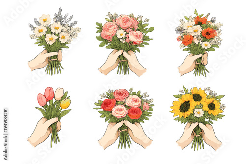 Different types of flower bouquets held by hands in various