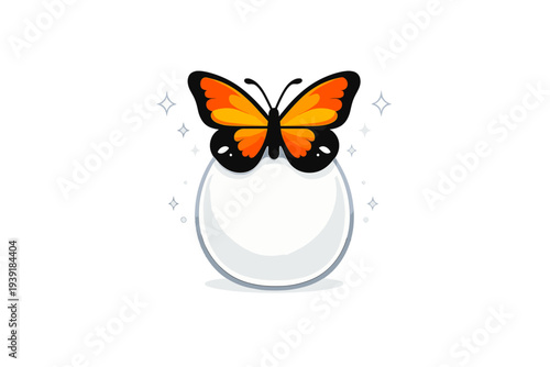 Butterfly sits on a white surface with a shiny effect surrounded by
